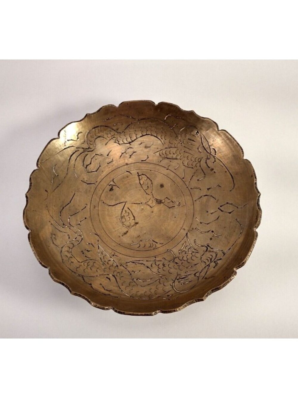 Vintage Brass 6" Engraved Scalloped Dish Fish Dragon Motif Chinese Trinket Dish